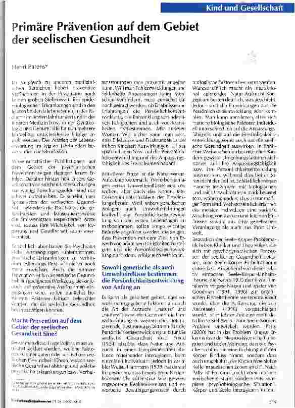 Vorschauseite 1: Primäre Prävention auf dem Gebiet der seelischen Gesundheit