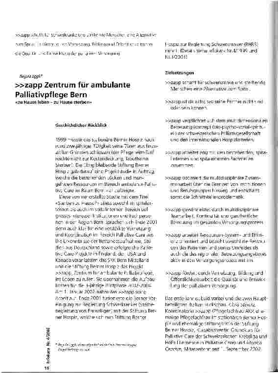 Vorschauseite 1: >>zapp Zentrum für ambulante Palliativpflege Bern zu Haus leben - zu Hause sterben