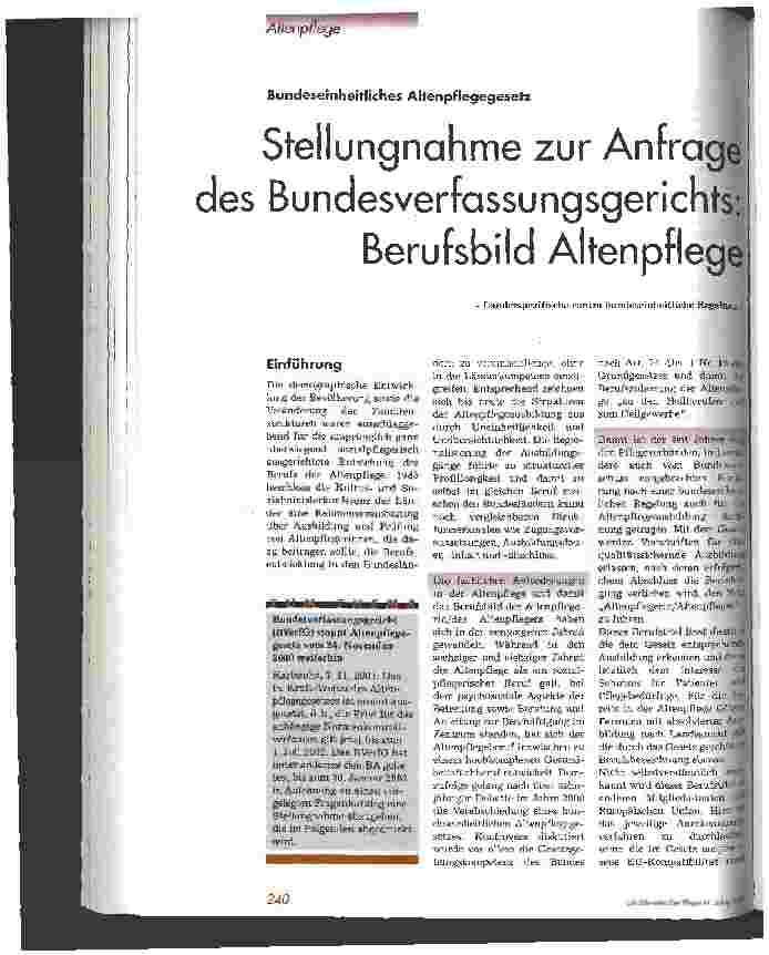 Vorschauseite 1: Stellungsnahme zur Anfrage des Bundesverfassungsgerichts: Berufsbild Altenpflege - Länderspezifische contra bundeseinheitliche Regelung -