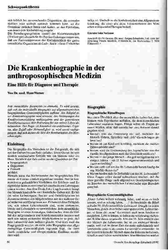 Vorschauseite 1: Die Krankenbiographie in der anthroposophischen Medizin
