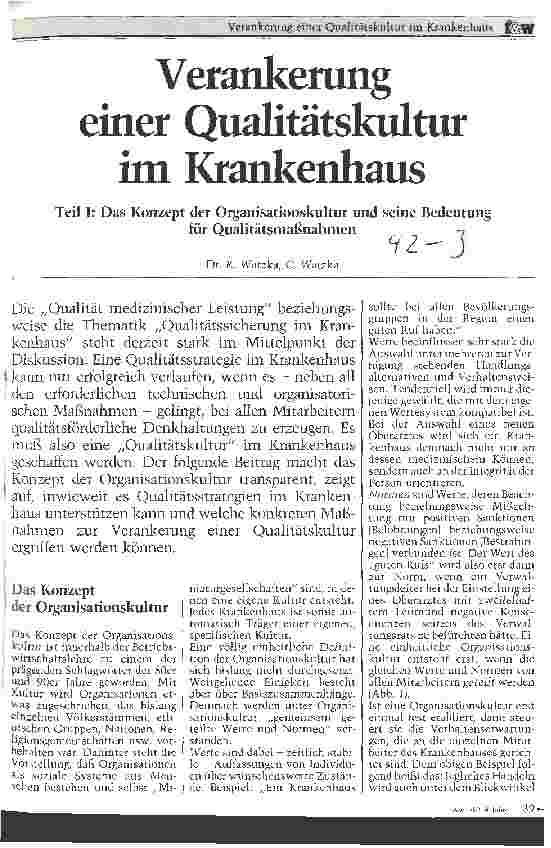 Vorschauseite 1: Verankerung einer Qualitätskultur im Krankenhaus Teil I: Das Konzept der Organisationskultur und seine Bedeutung