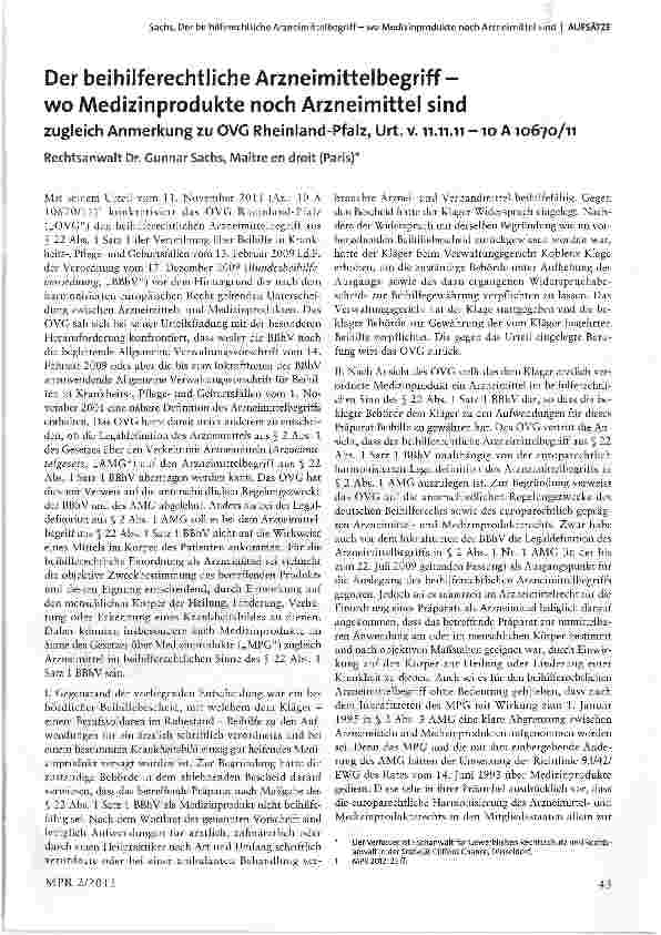 Vorschauseite 1: Der beihilferechtliche Arzneimittelbegriff -wo Medizinprodukte noch Arzneimittel sindzugleich Anmerkung zu OVG Rheinland-Pfalz, Urt. v. n. n. ii -10 A10670/11