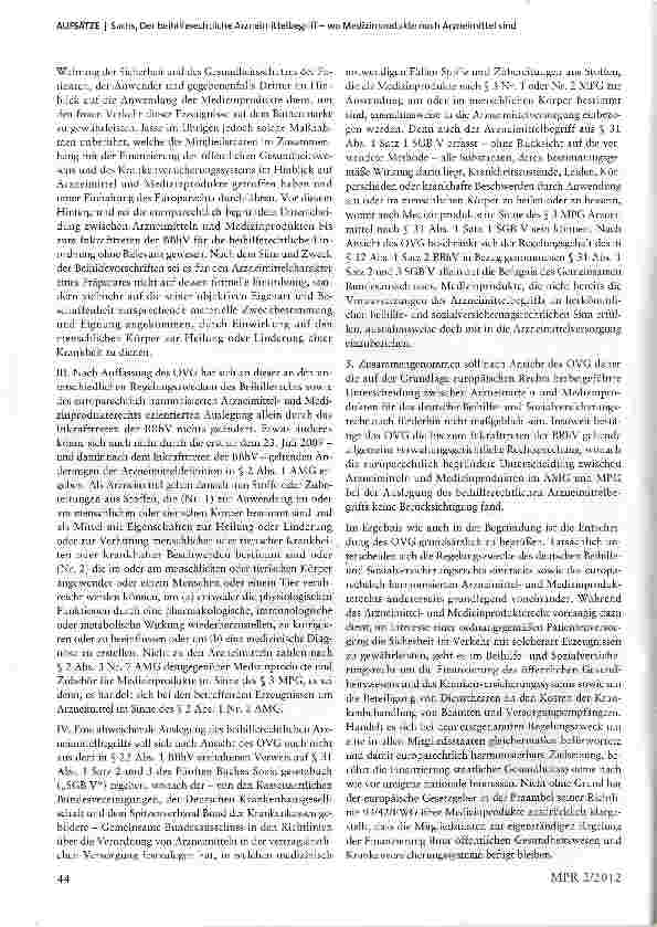 Vorschauseite 2: Der beihilferechtliche Arzneimittelbegriff -wo Medizinprodukte noch Arzneimittel sindzugleich Anmerkung zu OVG Rheinland-Pfalz, Urt. v. n. n. ii -10 A10670/11