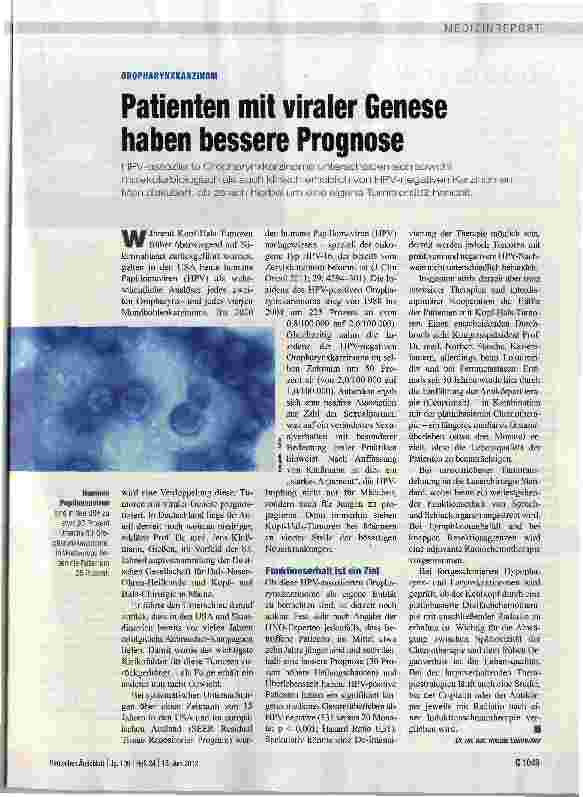 Vorschauseite 1: OROPHARYNXKARZINOMPatienten mit viraler Genese haben bessere Prognose