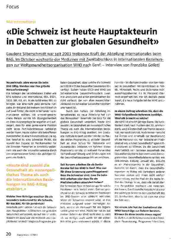 Vorschauseite 1: «Die Schweiz ist heute Hauptakteurin in Debatten zur globalen Gesundheit»
