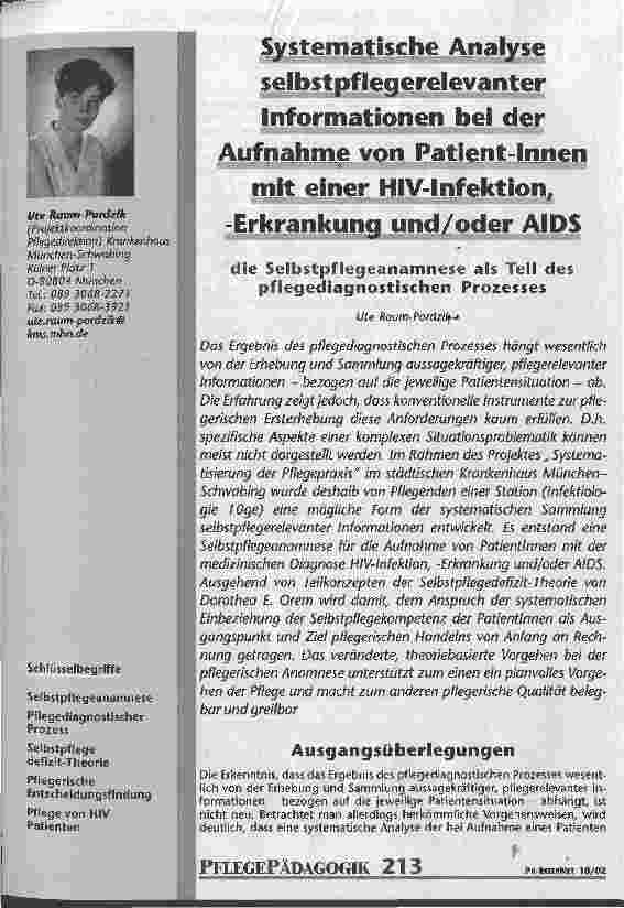 Vorschauseite 1: Systematische Analyse selbstpflegerelevanter Informationen bei der Aufnahme von Patient-Innen mit einer HIV-Infektion, -Erkrankung und/oder AIDS Die Selbstpflegeanamnese als Teil…