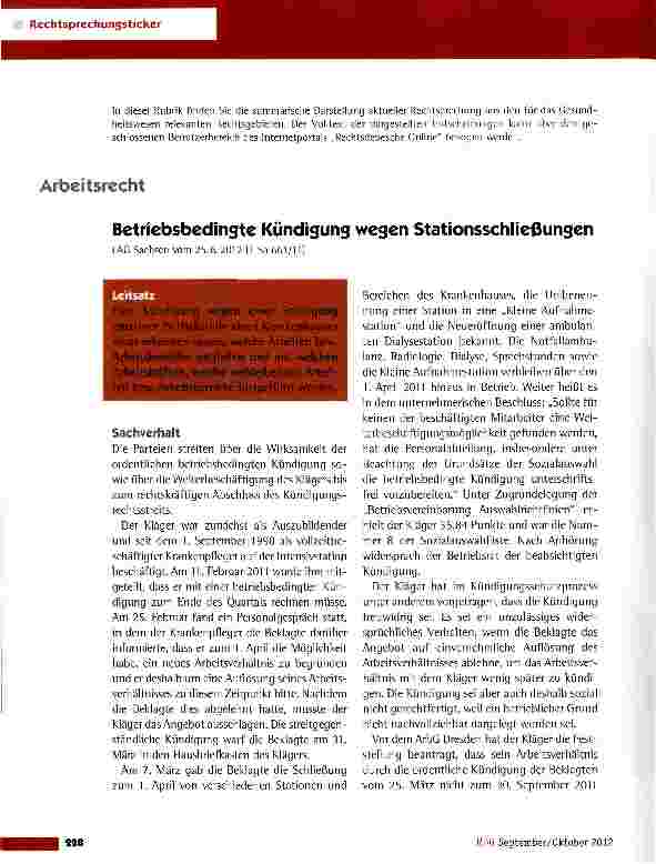 Vorschauseite 1: Betriebsbedinste Kündigung wegen Stationsschließungen