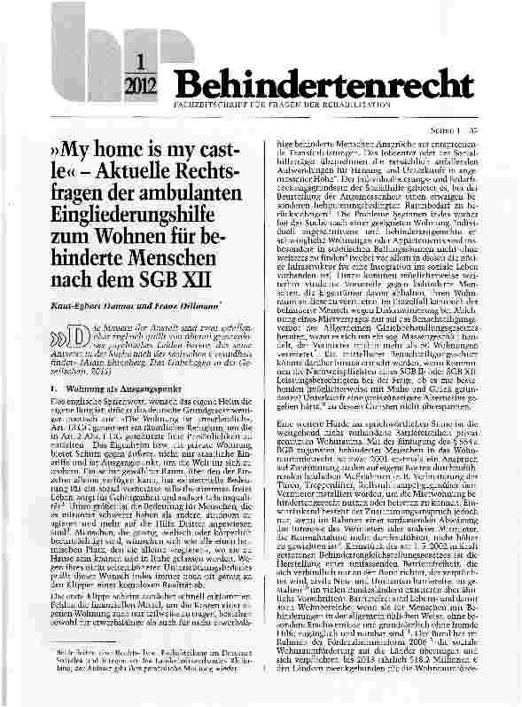 Vorschauseite 1: »My home is my cast-le« - Aktuelle Rechtsfragen der ambulanten Eingliederungshilfe zum Wohnen für behinderte Menschen nach dem SGB XII