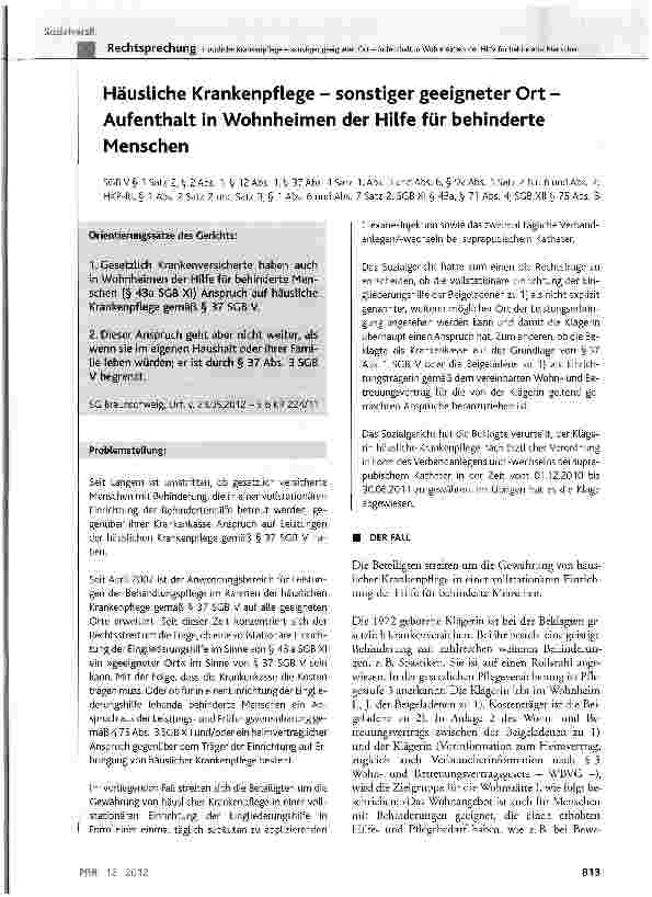 Vorschauseite 1: Häusliche Krankenpflege - sonstiger geeigneter Ort -Aufenthalt in Wohnheimen der Hilfe für behinderte Menschen SGBV§ 1 Satz 2, § 2 Abs. 1, § 12 Abs. 1, § 37 Abs. 1 Satz 1, Abs. 3…