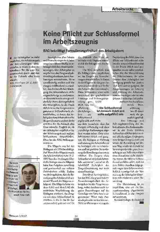 Vorschauseite 1: Keine Pflicht zur Schlussformel im Arbeitszeugnis BAG bekräftigt Formulierungsfreiheit des Arbeitgebers