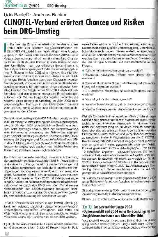 Vorschauseite 1: CLINOTEL-Verbund erörtert Chancen und Risiken beim DRG-Umstieg