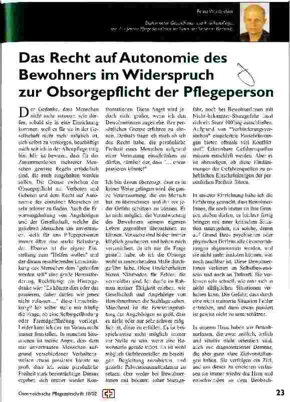 Vorschauseite 1: Das Recht auf Autonomie des Bewohners im Widerspruch zur Obsorgepflicht der Pflegeperson