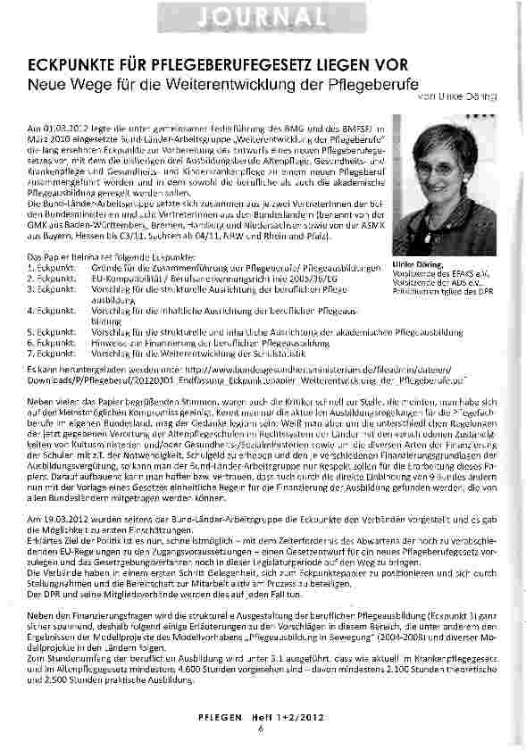 Vorschauseite 1: ECKPUNKTE FÜR PFLEGEBERUFEGESETZ LIEGEN VOR Neue Wege für die Weiterentwicklung der Pflegeberufe