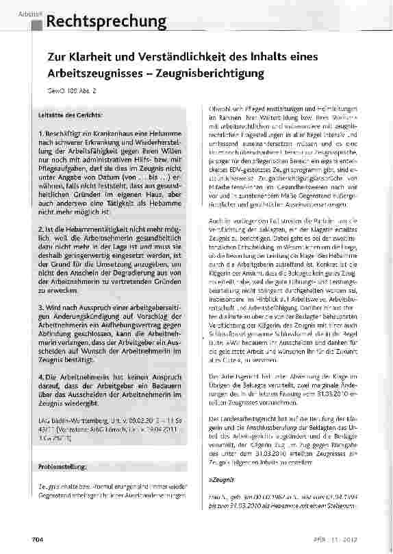 Vorschauseite 1: Zur Klarheit und Verständlichkeit des Inhalts eines Arbeitszeugnisses - Zeugnisberichtigung