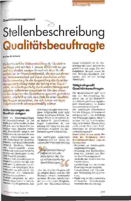 Vorschauseite 1: Stellenbeschreibung Qualitätsbeauftragte
