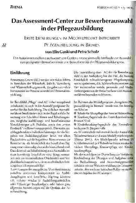 Vorschauseite 1: Das Assessment-Center zur Bewerberauswahl in der Pflegeausbildung Erste Erfahrungen im Modellprojekt Integrierte Pflegeausbildung in Bremen