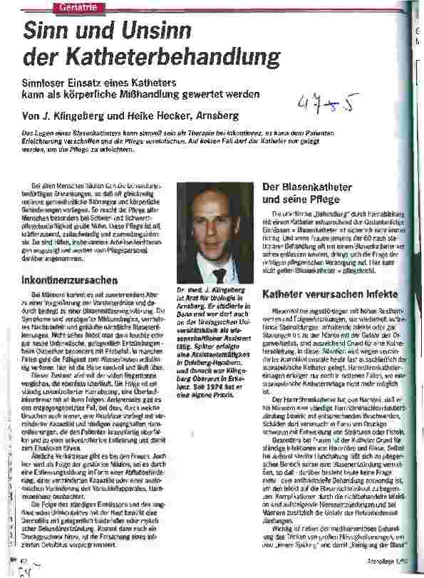 Vorschauseite 1: Sinn und Unsinn der Katheterbehandlung Sinnloser Einsatz eines Katheters kann als körperliche Mißhandlung...