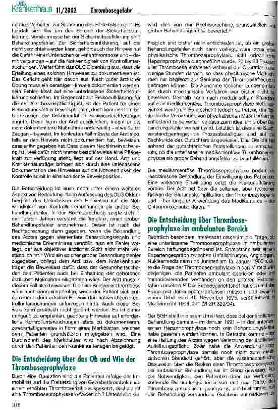 Vorschauseite 2: Die Thrombosegefahr im Krankenhaus aus juristischer Sicht