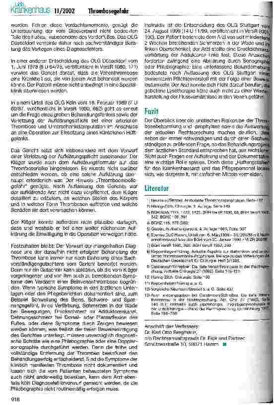 Vorschauseite 4: Die Thrombosegefahr im Krankenhaus aus juristischer Sicht