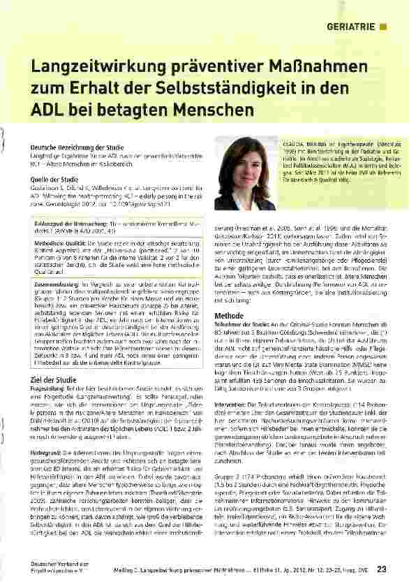 Vorschauseite 1: Langzeitwirkung präventiver Maßnahmen zum Erhalt der Selbstständigkeit in den ADL bei betagten Menschen