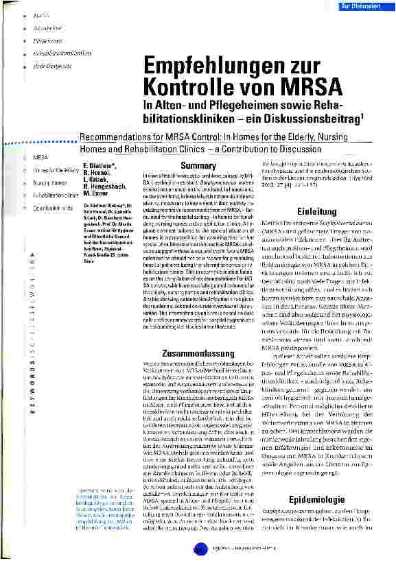 Vorschauseite 1: Empfehlungen zur Kontrolle von MRSA In Altenund Pflegeheimen sowie Rehabilitaitonskliniken - ein Diskussionsbeitrag