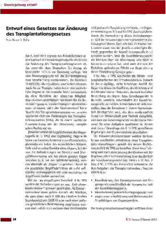 Vorschauseite 1: Entwurf eines Gesetzes zur Änderung des Transplantationsgesetzes