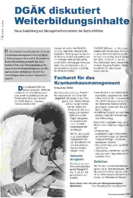 Vorschauseite 1: DGÄK diskutiert Weiterbildungsinhalte Neue Ausbildung soll Managementkompetenz der Ärzte erhöhen