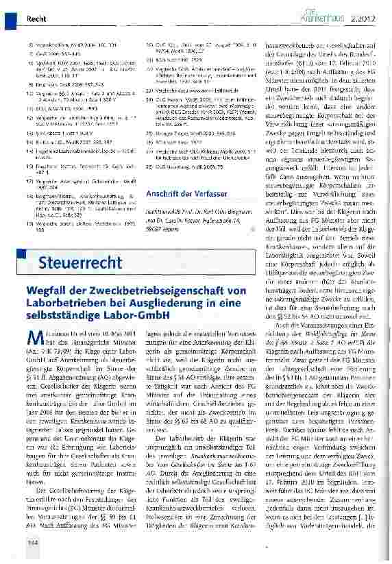 Vorschauseite 1: Wegfall der Zweckbetriebseigenschaft von Laborbetrieben bei Ausgliederung in eine selbstständige Labor-GmbH