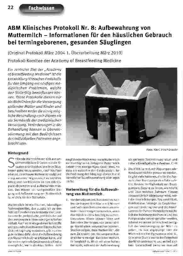 Vorschauseite 1: ABM Klinisches Protokoll Nr. 8: Aufbewahrung von Muttermilch - Informationen für den häuslichen Gebrauch bei termingeborenen, gesunden Säuglingen