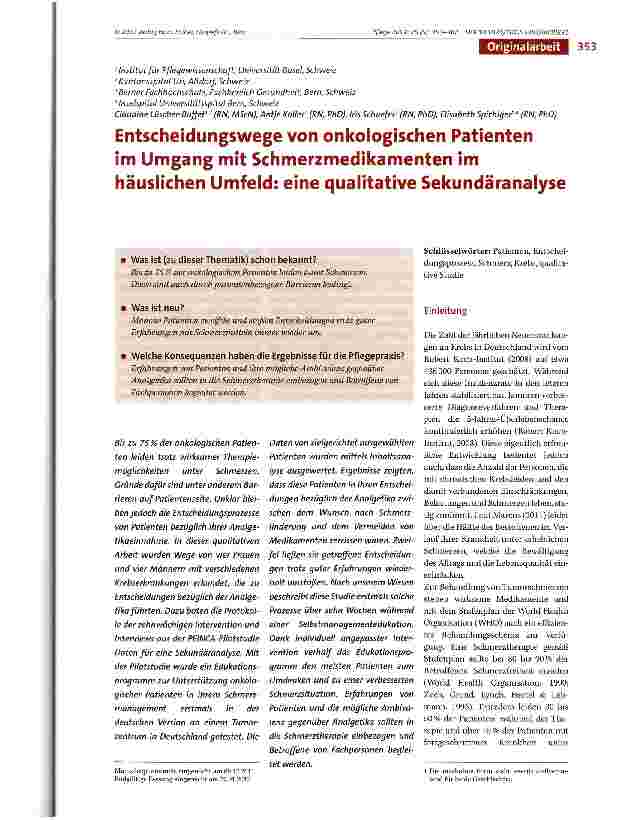 Vorschauseite 1: Entscheidungswege von onkologischen Patienten im Umgang mit Schmerzmedikamenten im häuslichen Umfeld: eine qualitative Sekundäranalyse
