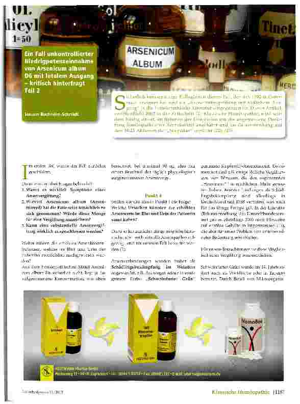 Vorschauseite 1: Ein Fll unkontrollierter Niedrigpotenzeinnahme von Arsenicum album D6 mit letalem Ausgangktirisch hinterfragt Teil 2