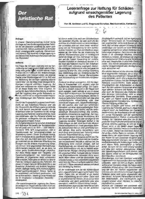 Vorschauseite 1: Leseranfrage zur Haftung für Schäden aufgrund unsachgemäßer Lagerung des Patienten