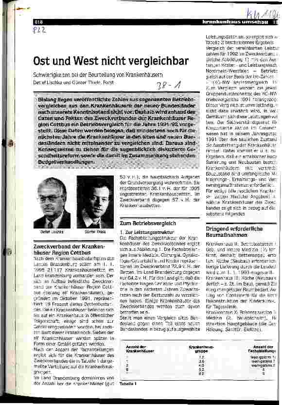 Vorschauseite 1: Ost und West nicht vergleichbar Schwierigkeiten bei der Beurteilung von Krankenhäusern
