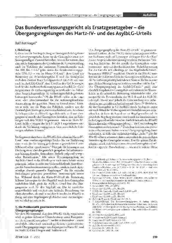 Vorschauseite 1: Das Bundesverfassungsgericht als Ersatzgesetzgeber - die Übergangsregelungen des Hartz-IVund des AsylbLG-Urteils