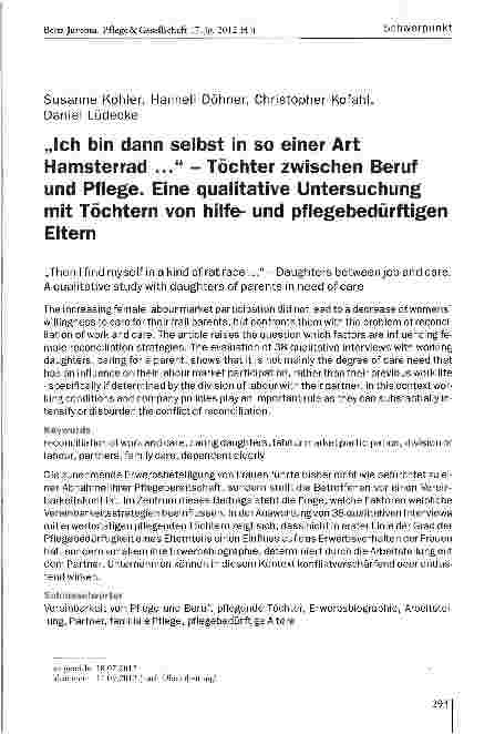 Vorschauseite 1: „Ich bin dann selbst in so einer Art Hamsterrad. .. - Töchter zwischen Beruf und Pflege. Eine qualitative Untersuchung mit Töchtern von hilfeund pflegebedürftigen Eltern