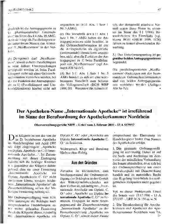 Vorschauseite 1: Der Apotheken-Name Internationale Apotheke ist irreführend im Sinne der Berufsordnung der Apothekerkammer Nordrhein