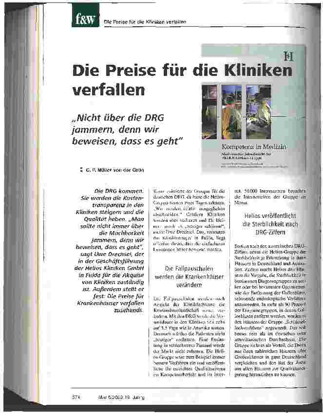 Vorschauseite 1: Die Preise für die Kliniken verfallen Nicht über die DRG jammern, denn wir beweisen, dass es geht