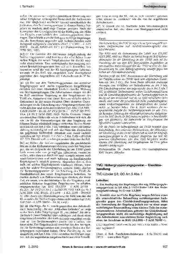 Vorschauseite 1: TVÜ: Höhergruppierungsgewinn - Gleichbehandlung TVÜ-Länder §8; GG Art. 3 Abs. 1