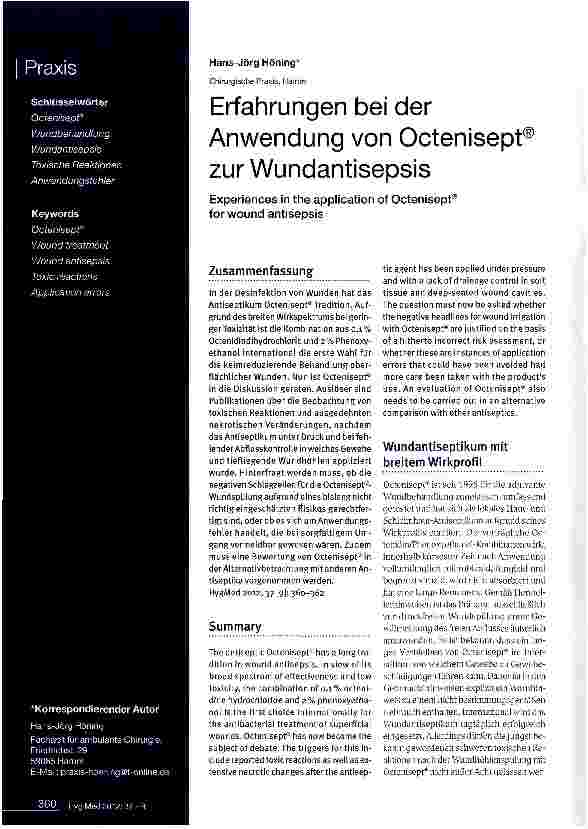Vorschauseite 1: Erfahrungen bei der Anwendung von Octenisept( zur Wundantisepsis