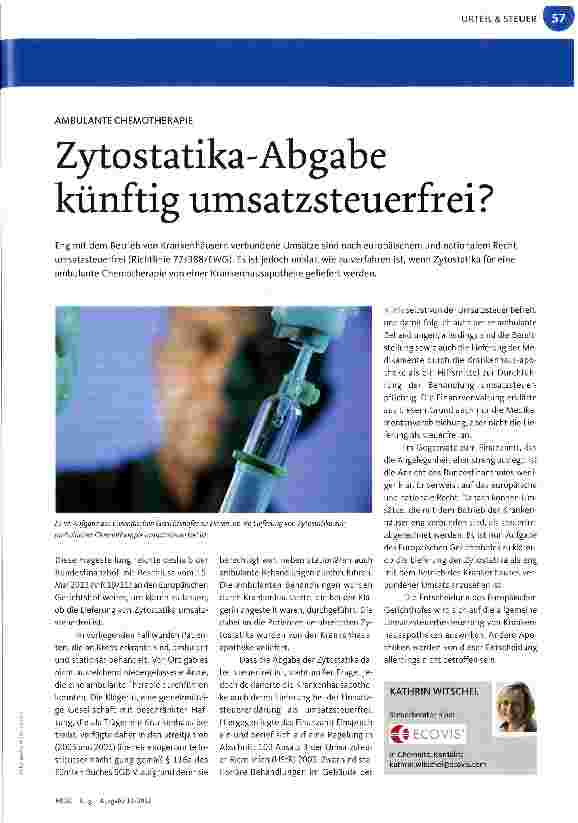 Vorschauseite 1: Zytostatika-Abgabe künftig umsatzsteuerfrei?