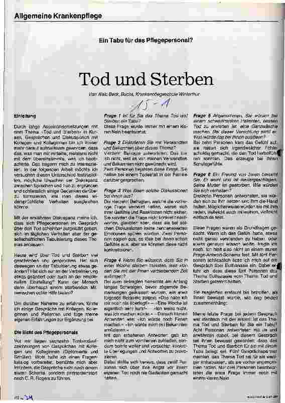Vorschauseite 1: Tod und Sterben Ein Tabu für das Pflegepersonal?