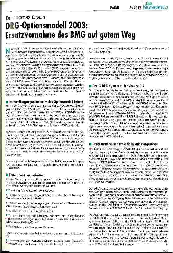 Vorschauseite 1: DRG-Optionsmodell 2003 Ersatzvornahme des BMG auf gutem Weg