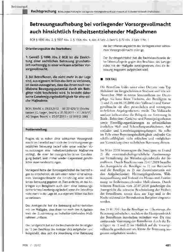 Vorschauseite 1: Betreuungsaufhebung bei vorliegender Vorsorgevollmacht auch hinsichtlich freiheitsentziehender Maßnahmen