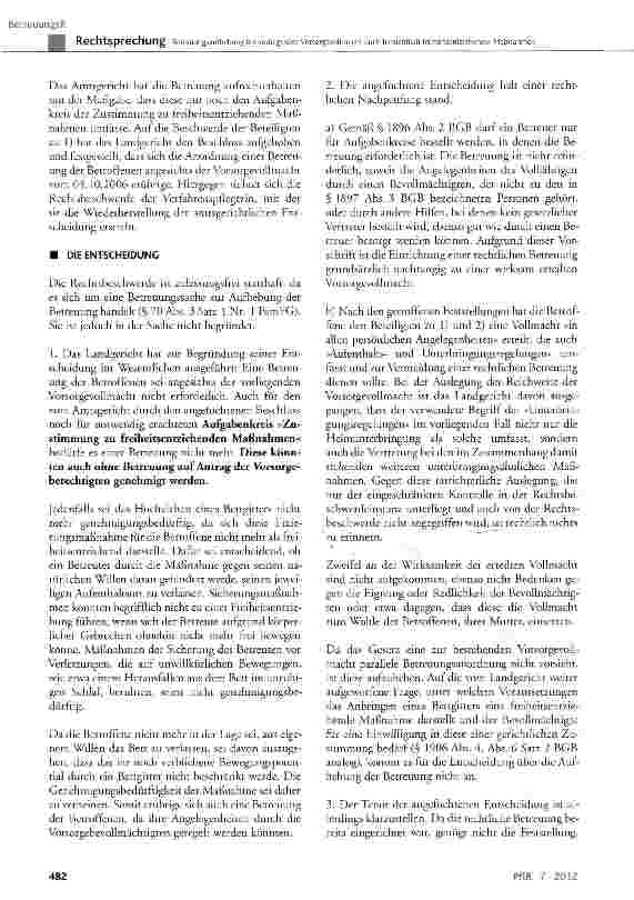 Vorschauseite 2: Betreuungsaufhebung bei vorliegender Vorsorgevollmacht auch hinsichtlich freiheitsentziehender Maßnahmen