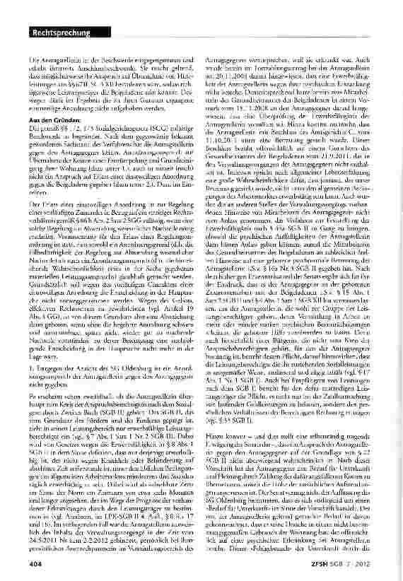 Vorschauseite 3: Crundreinigung und Renovierung einer Messie-Wohnung; kein Anspruch auf Kostenübernahme nach SGB II; Hilfe zur Überwindung besonderer sozialer Schwierigkeiten; fehlender Anordnungs…