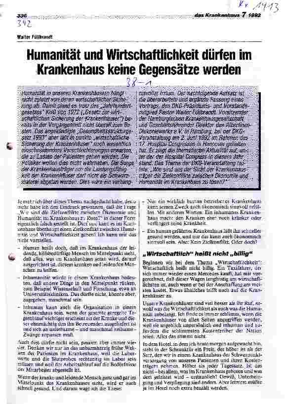 Vorschauseite 1: Humanität und Wirtschaftlichkeit dürfen im Krankenhaus keine Gegensätze werden