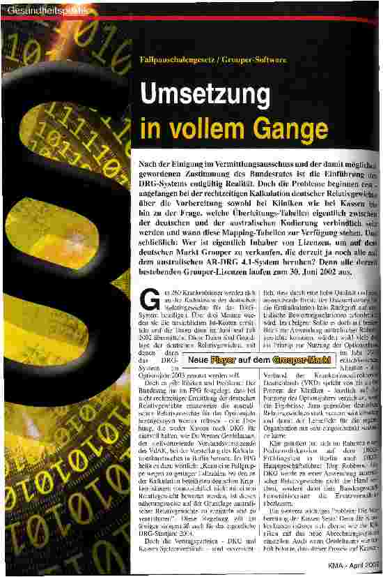 Vorschauseite 1: Umsetzung in vollem Gange Fallpauschalengesetz/Grouper-Software