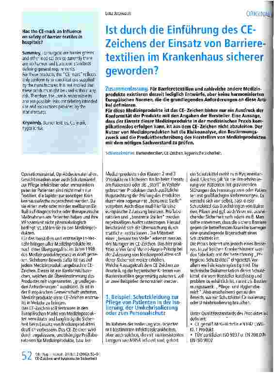 Vorschauseite 1: Ist durch die Einführung des CE-Zeichens der Einsatz von Barrieretextilien im Krankenhaus sicherer geworden?
