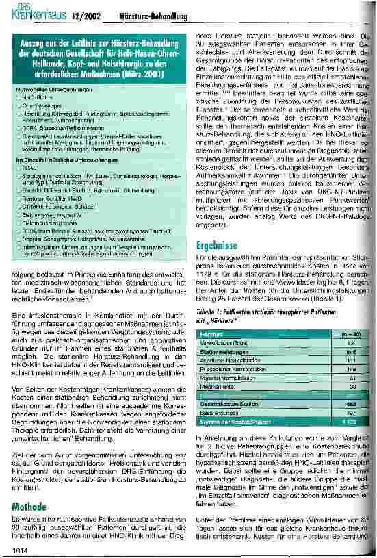 Vorschauseite 2: Die Kosten der stationären Hörsturz-Behandlung Eine Analyse unter Berücksichtigung mediznischer Leitlinien