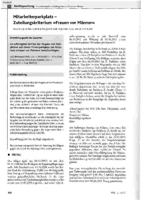 Vorschauseite 1: Mitarbeiterparkplatz -Zuteilungskriterium »Frauen vor Männer«